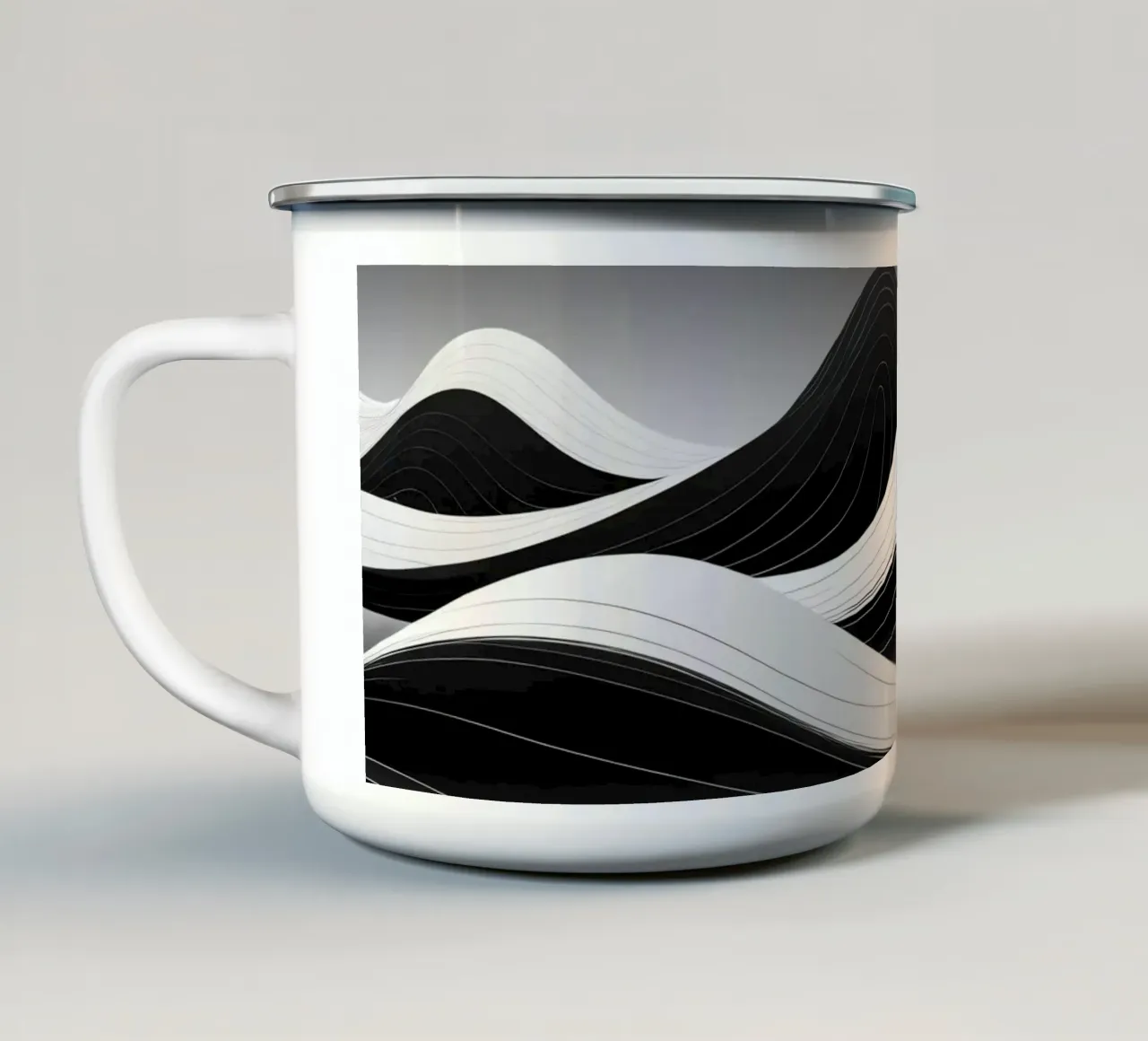 Vagues dynamiques en noir et blanc créant un paysage abstrait mug en émail de DesignDoodle