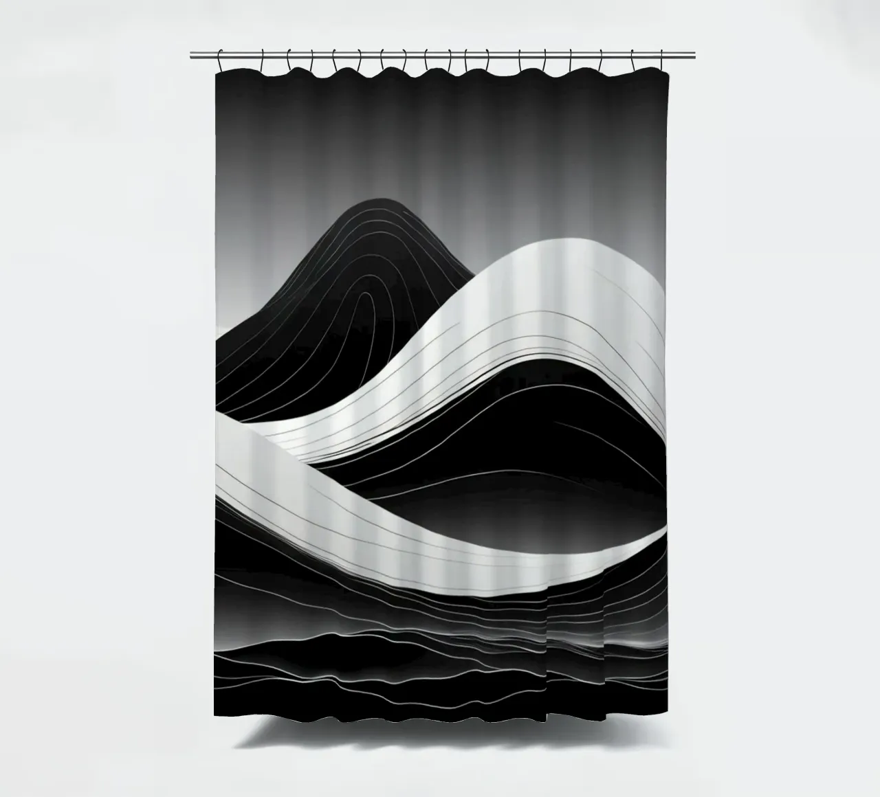 Dynamic black and white waves creating an abstract landscape shower curtain by DesignDoodle