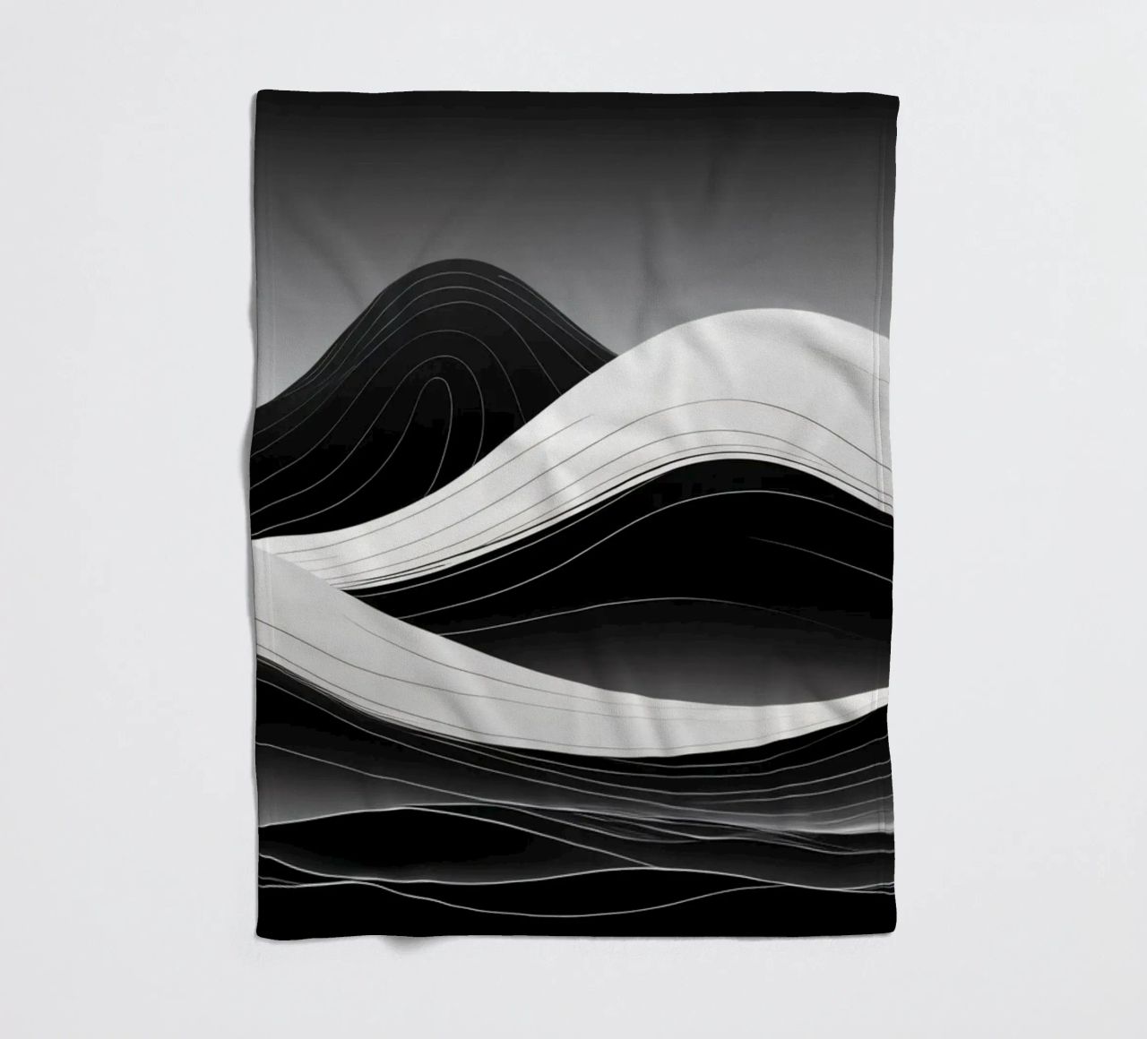 Dynamic black and white waves creating an abstract landscape fleece blanket by DesignDoodle