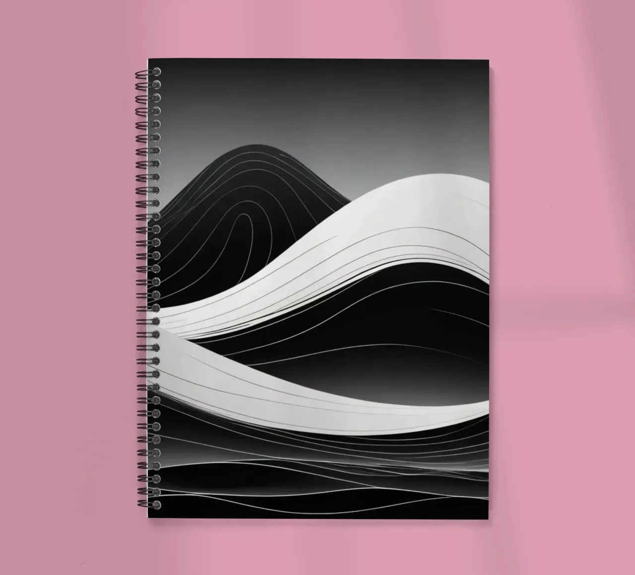Dynamic black and white waves creating an abstract landscape spiral notebook by DesignDoodle