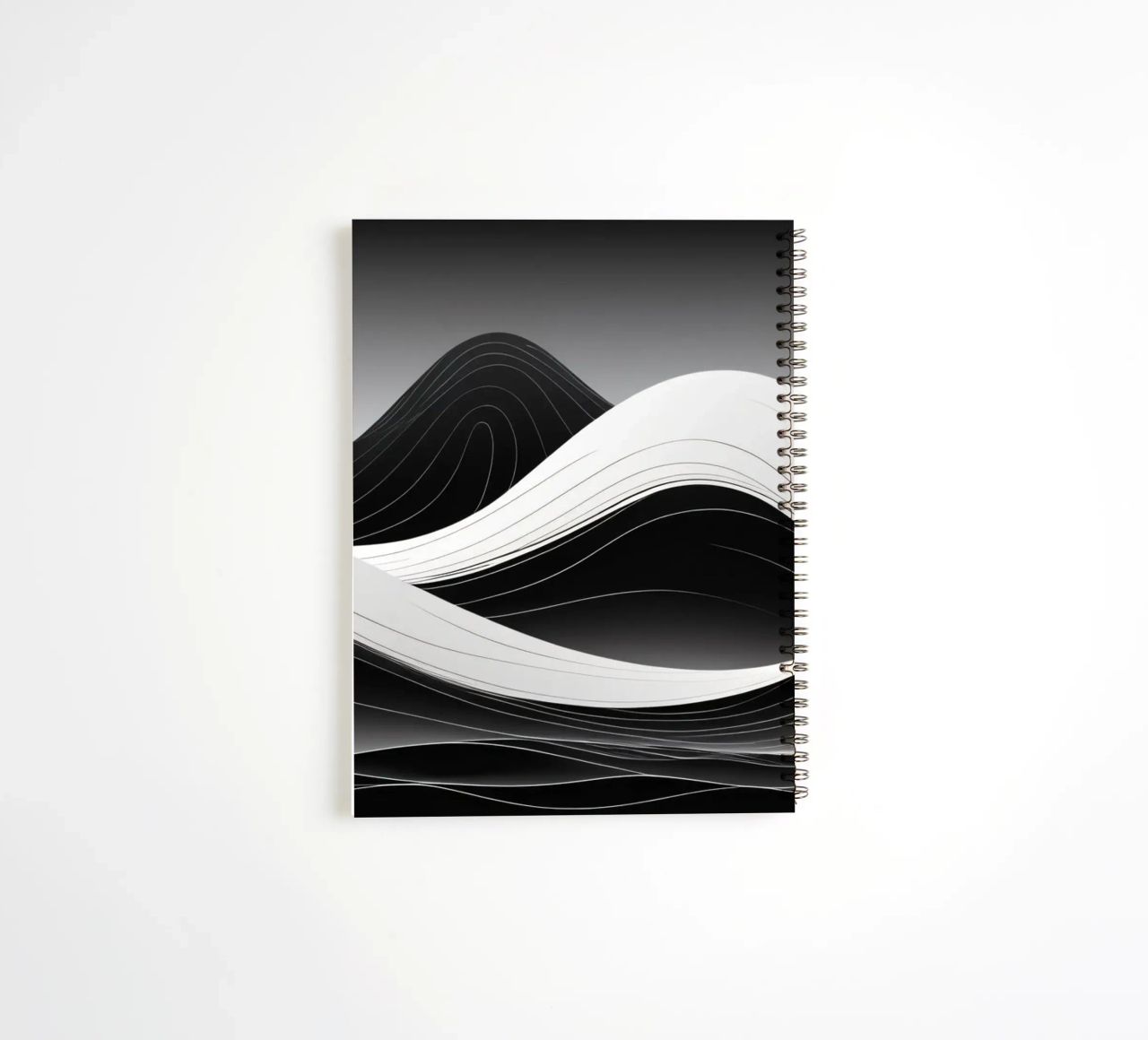 Dynamic black and white waves creating an abstract landscape spiral notebook by DesignDoodle