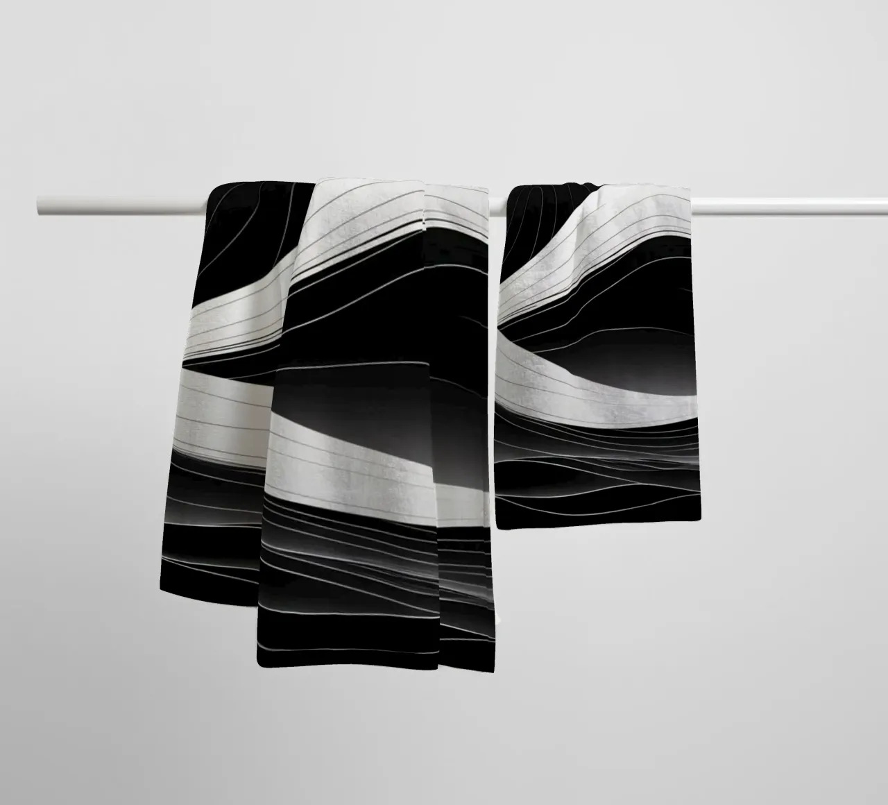 Dynamische schwarze und weiße Wellen, die eine abstrakte Landschaft bilden Handtuch von DesignDoodle