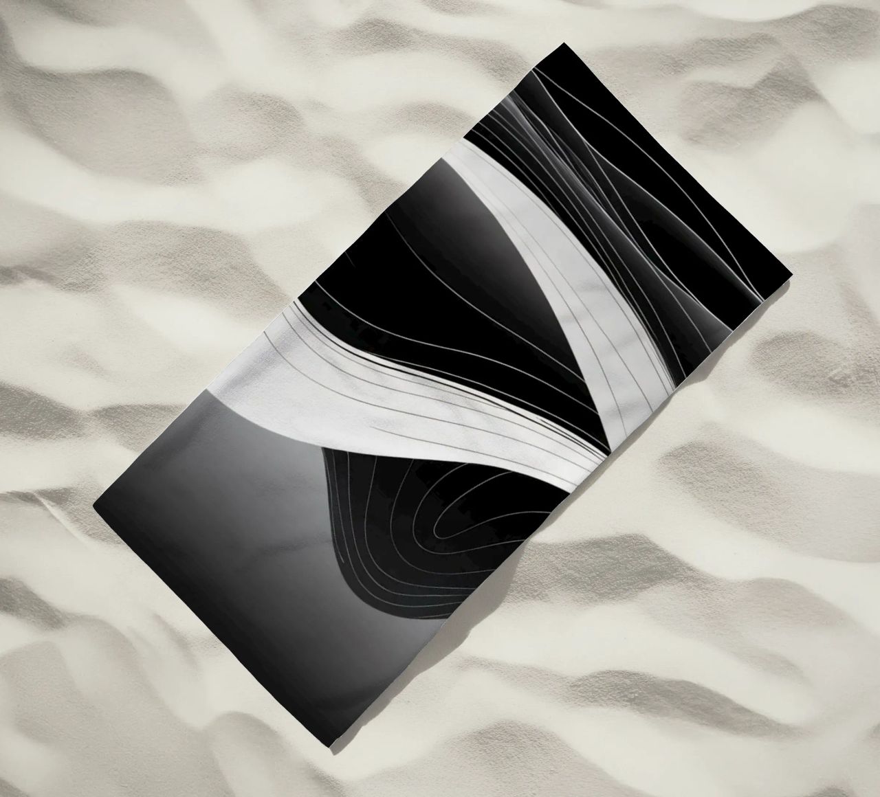 Dynamic black and white waves creating an abstract landscape beach towel by DesignDoodle