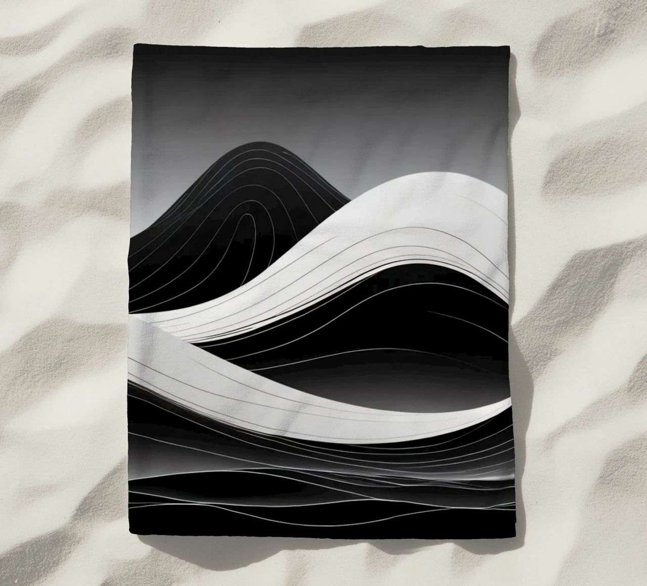 Dynamic black and white waves creating an abstract landscape beach towel by DesignDoodle