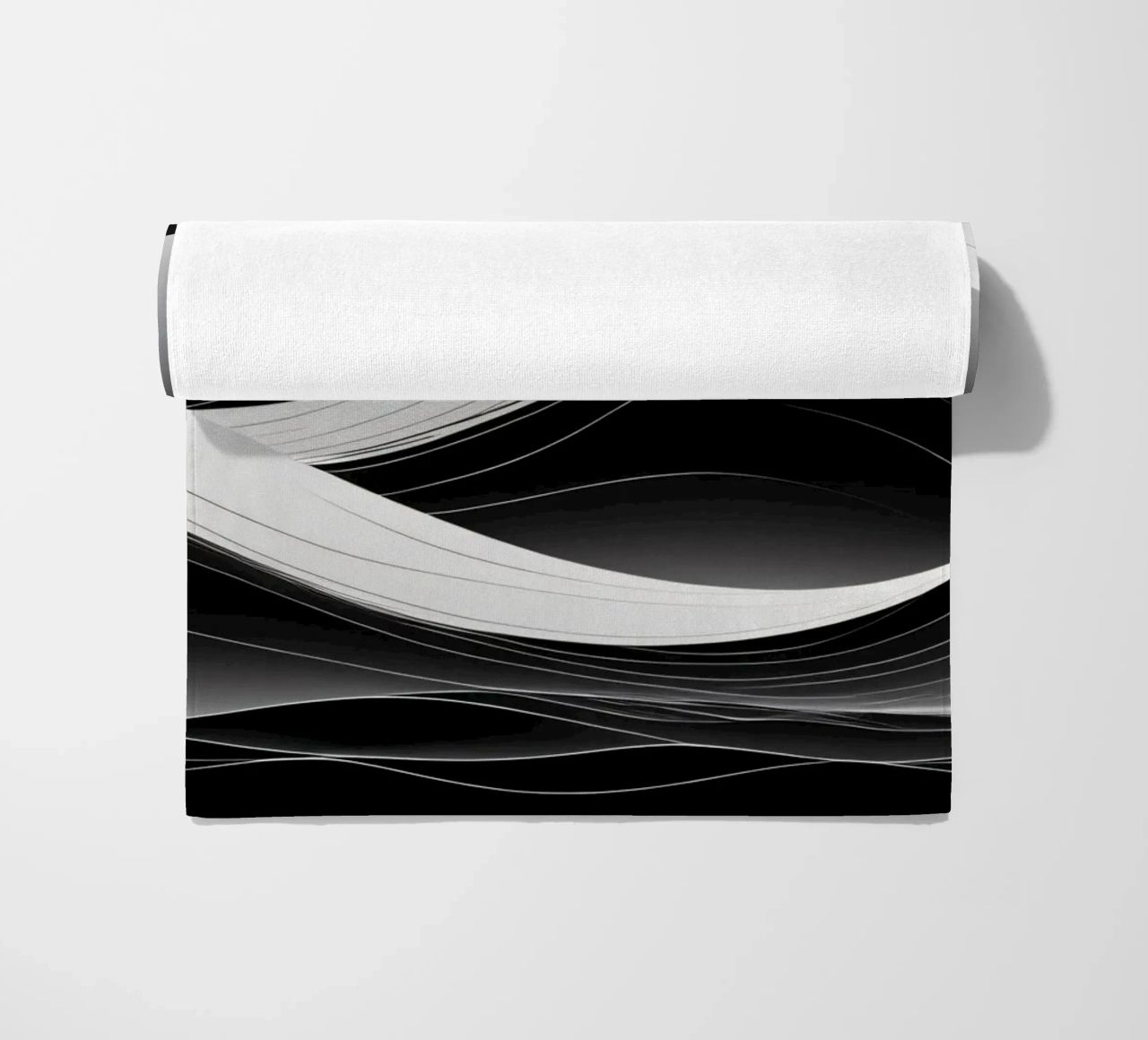 Dynamic black and white waves creating an abstract landscape beach towel by DesignDoodle