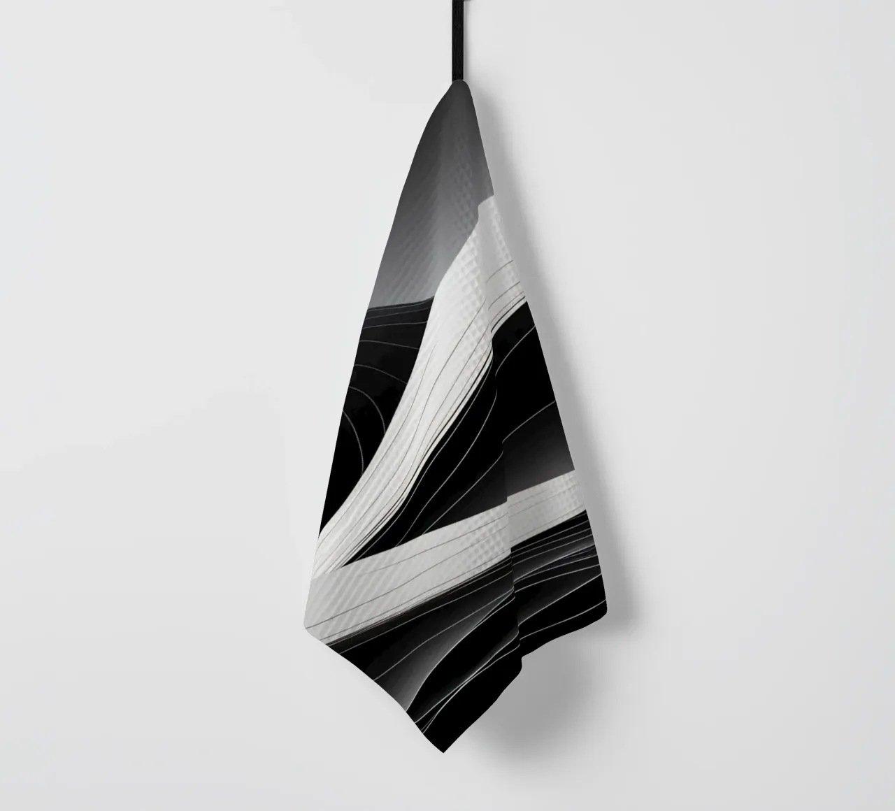 Dynamic black and white waves creating an abstract landscape tea towel by DesignDoodle
