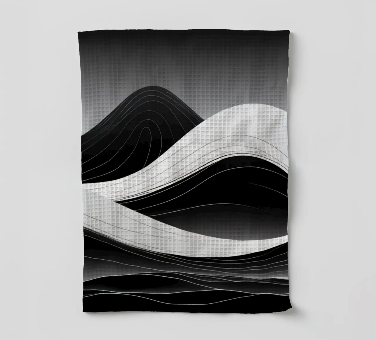 Dynamic black and white waves creating an abstract landscape tea towel by DesignDoodle