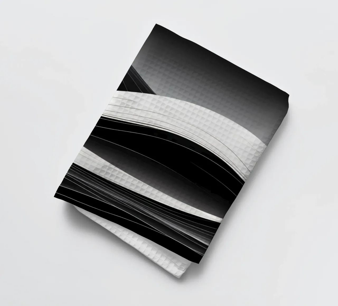 Dynamic black and white waves creating an abstract landscape tea towel by DesignDoodle