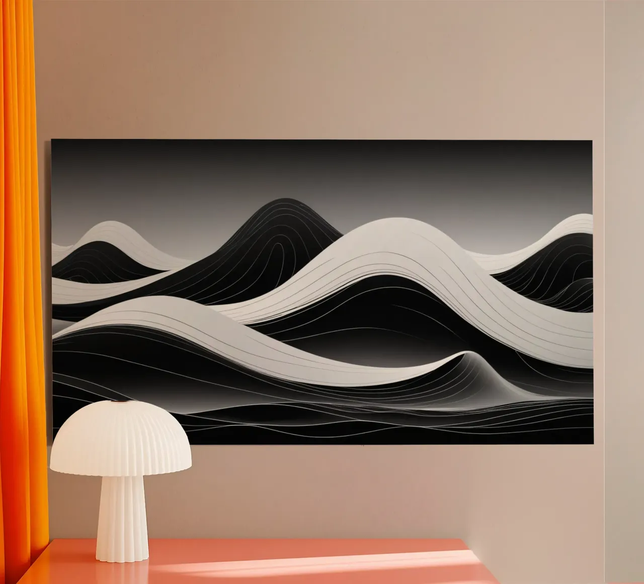 Dynamic black and white waves creating an abstract landscape alu-dibond by DesignDoodle