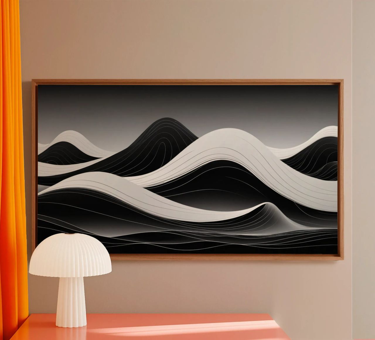Dynamic black and white waves creating an abstract landscape canvas by DesignDoodle