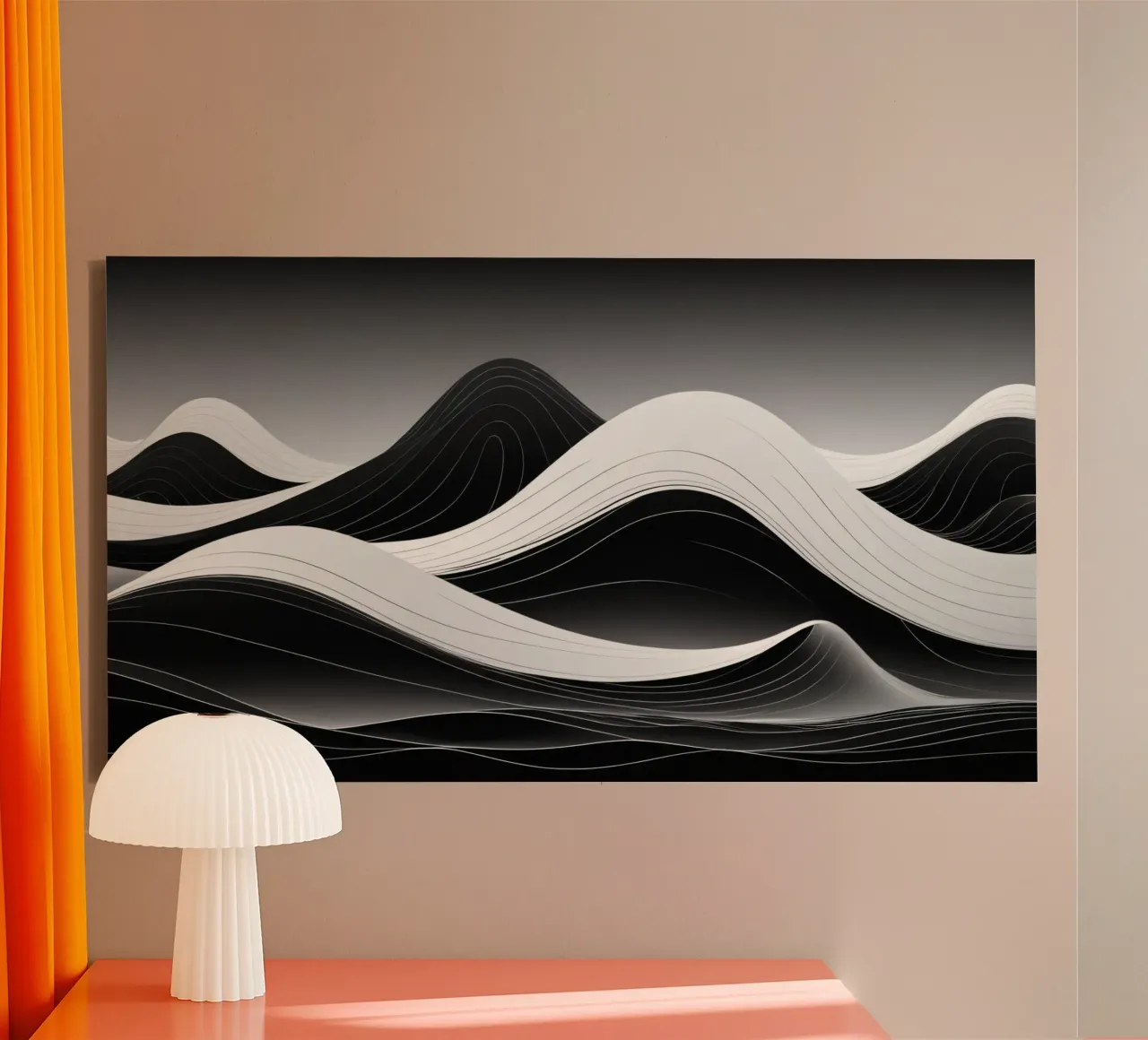 Dynamische zwart-wit golven die een abstract landschap creëren canvas met Baklijst van DesignDoodle