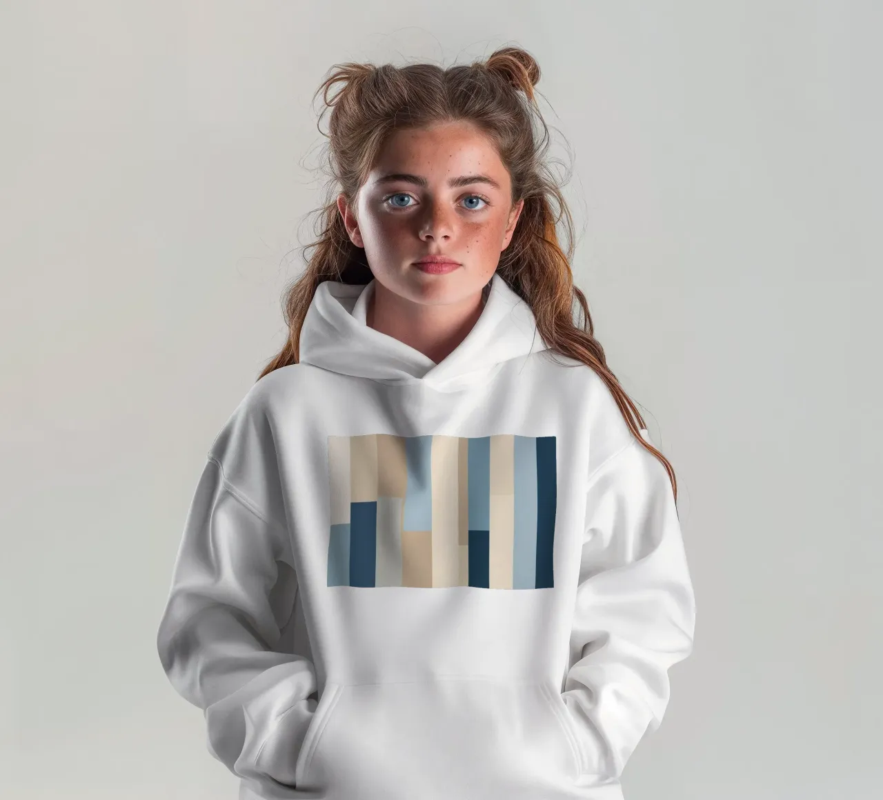 Abstract vertical stripes in various shades of blue and beig kids hoodie by DesignDoodle