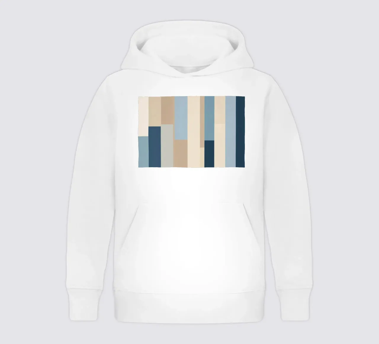 Abstract vertical stripes in various shades of blue and beig kids hoodie by DesignDoodle