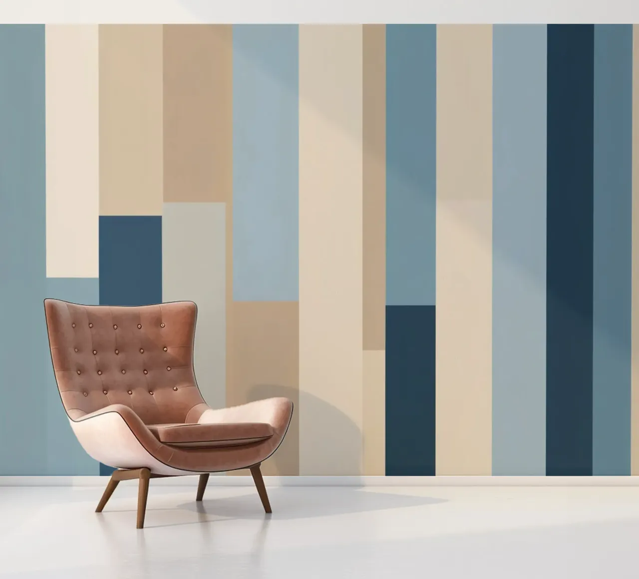 Abstract vertical stripes in various shades of blue and beig photo wallpaper by DesignDoodle