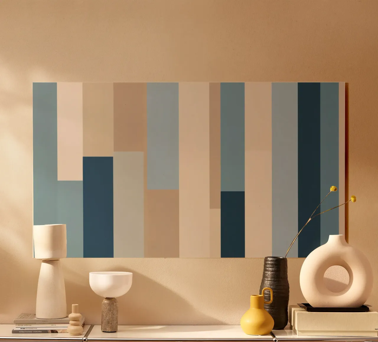 Strisce verticali astratte in varie tonalità di blu e beige plexiglass da DesignDoodle