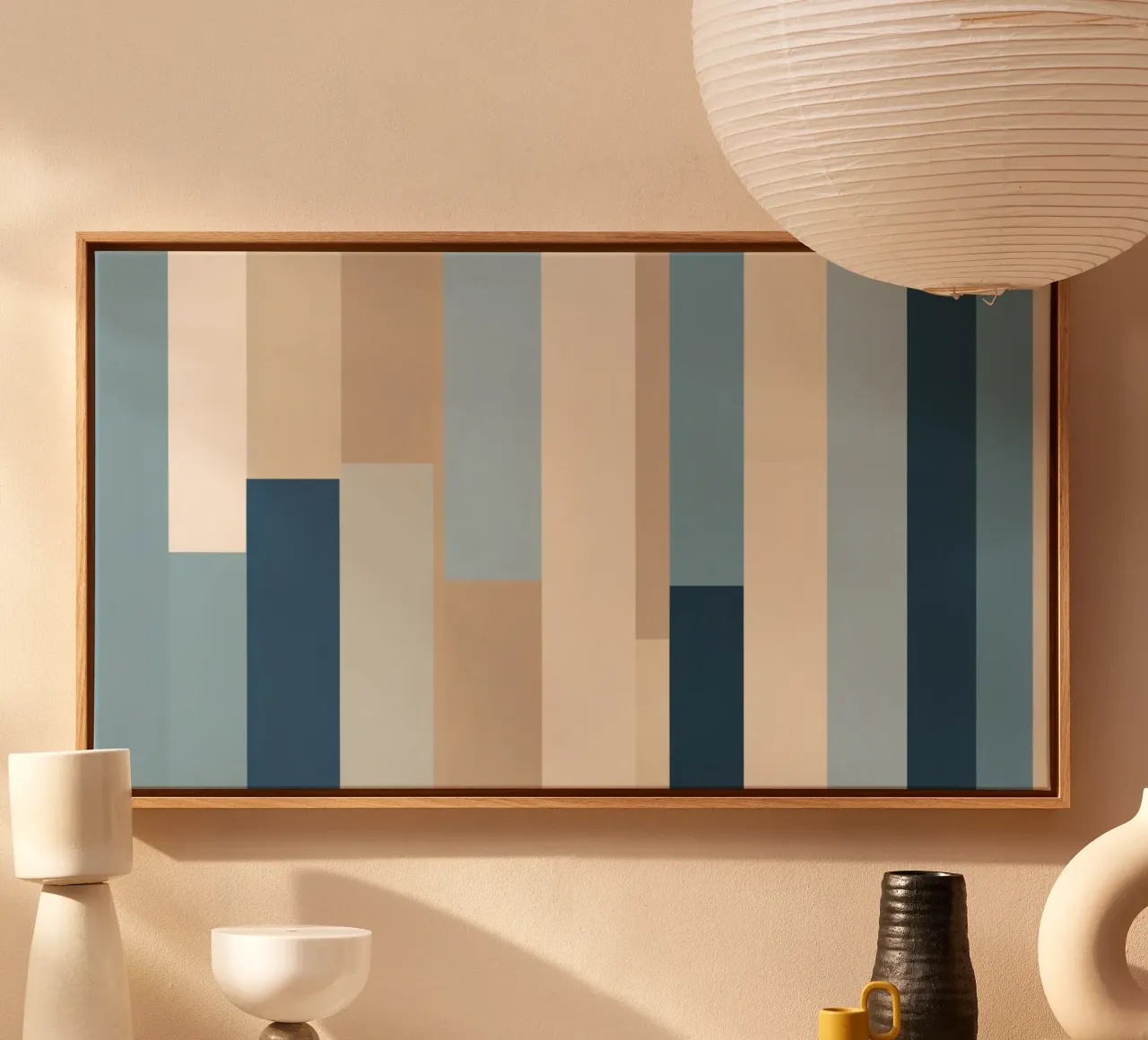 Abstract vertical stripes in various shades of blue and beig canvas by DesignDoodle
