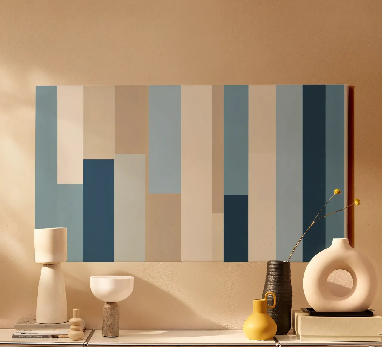 Abstract vertical stripes in various shades of blue and beig canvas by DesignDoodle
