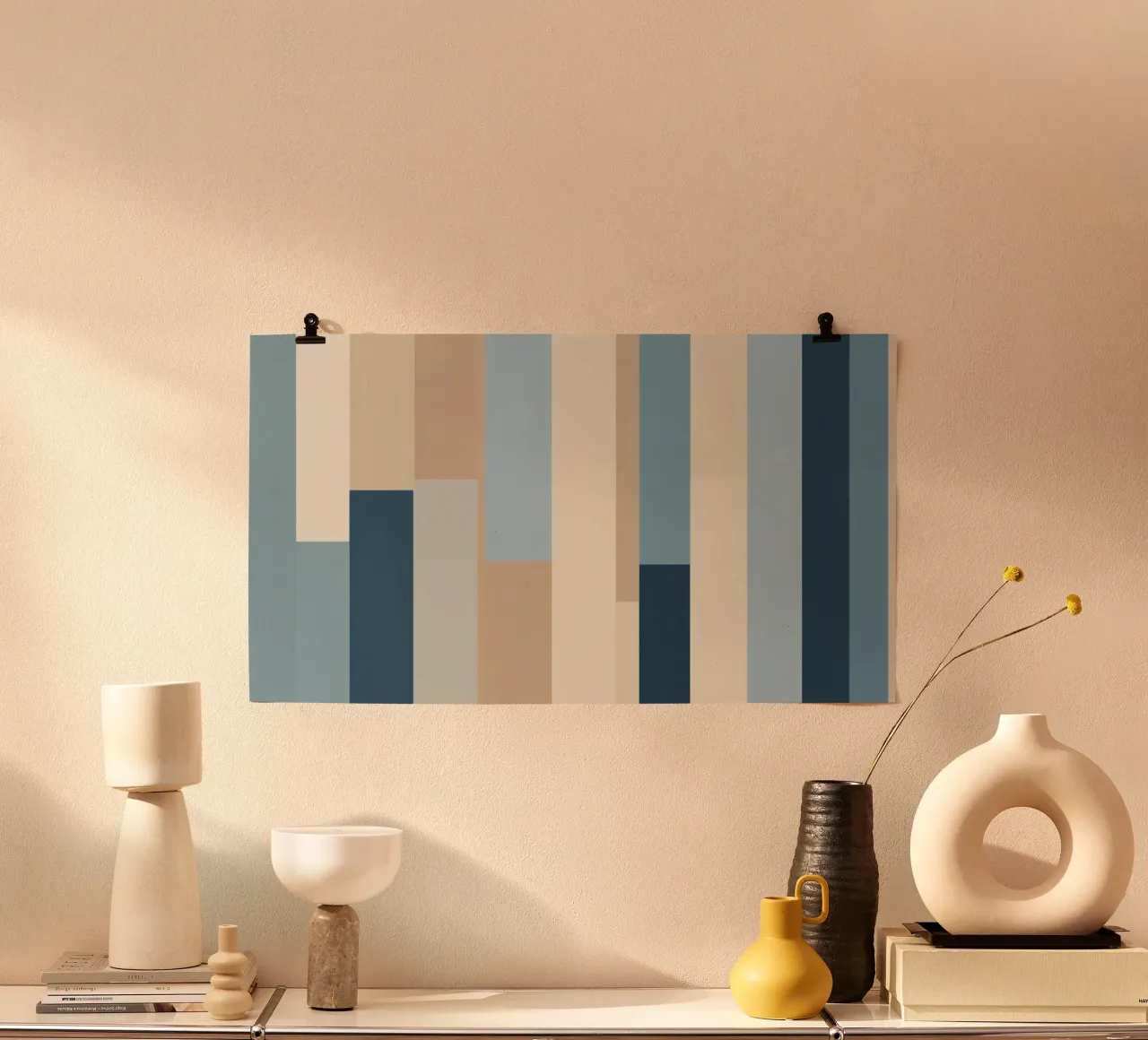 Strisce verticali astratte in varie tonalità di blu e beige carta hahnemühle da DesignDoodle