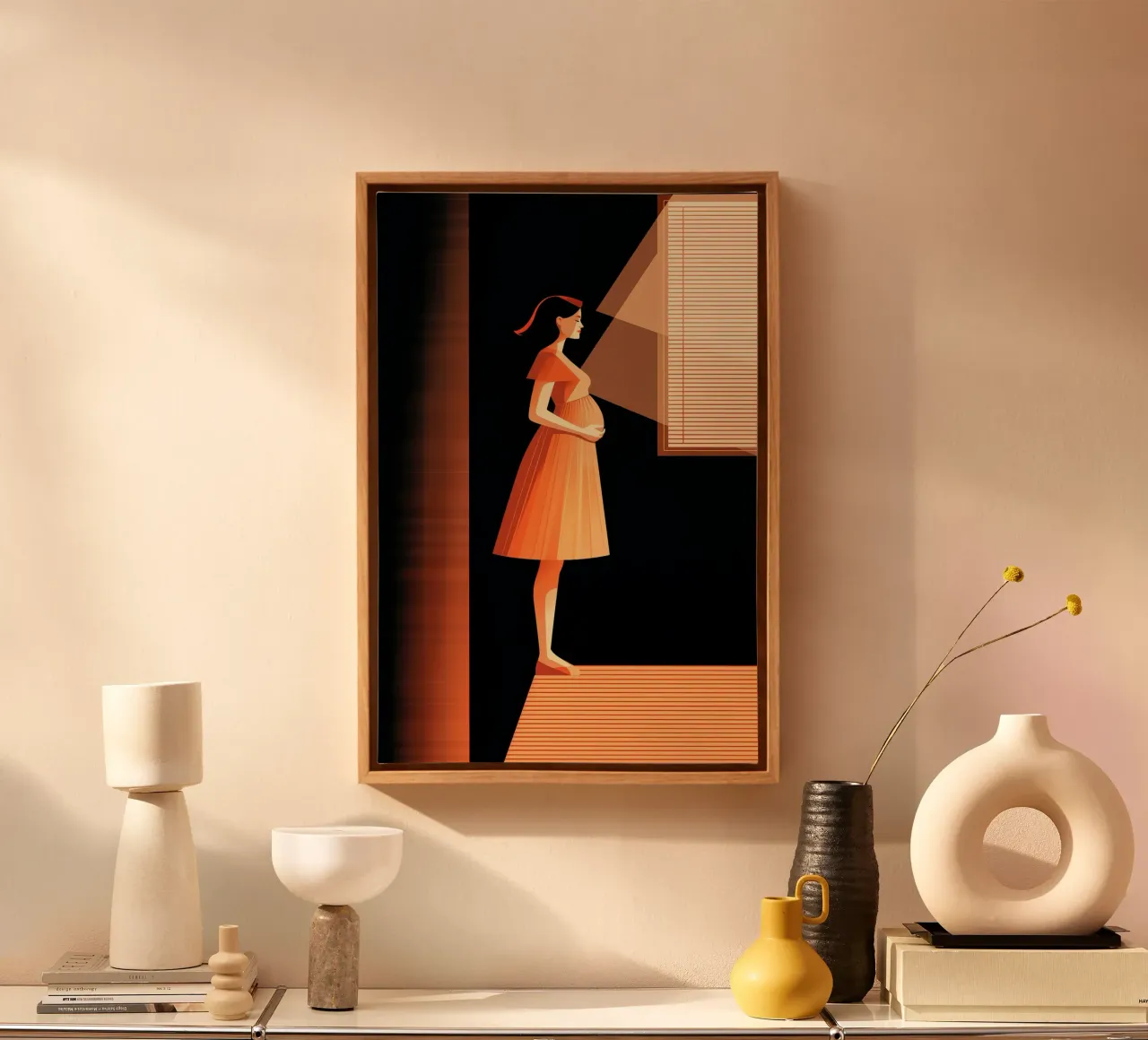 "A Quiet Expectation" -Pregnant woman at a window canvas met Baklijst van Synthaira