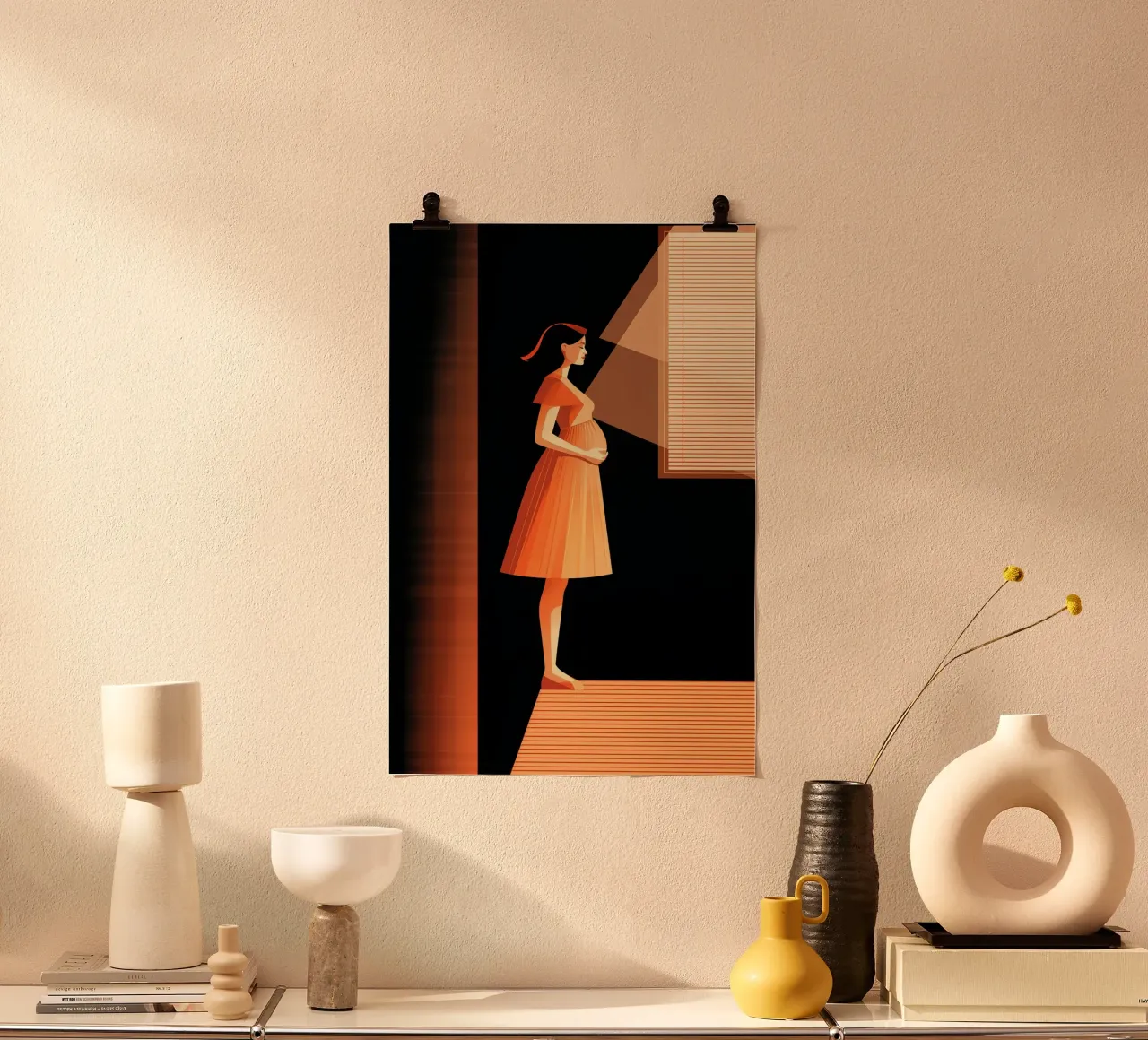 Pregnant woman at a window poster con telaio in plastica da Synthaira