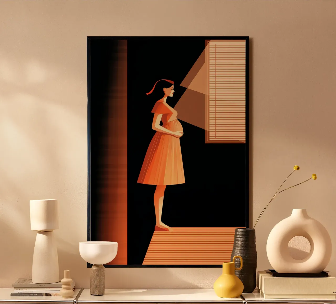 Pregnant woman at a window poster con telaio in plastica da Synthaira