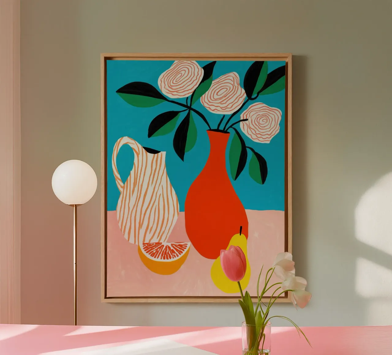 Light summery still life with red vase and fruit canvas with Floater frame by Autofocus