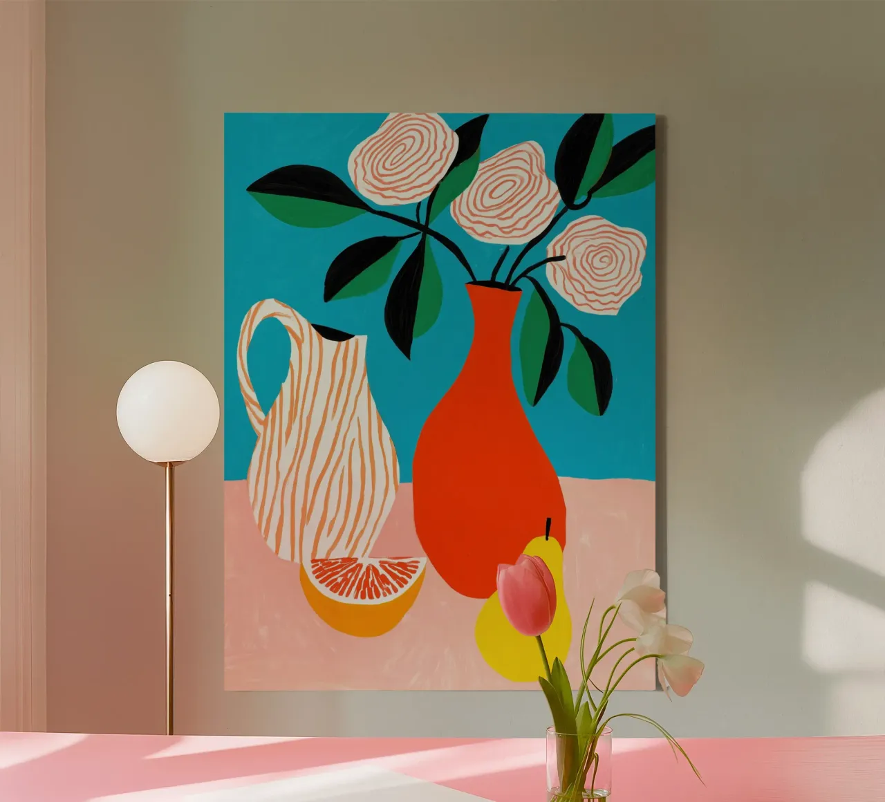 Light summery still life with red vase and fruit canvas with Floater frame by Autofocus