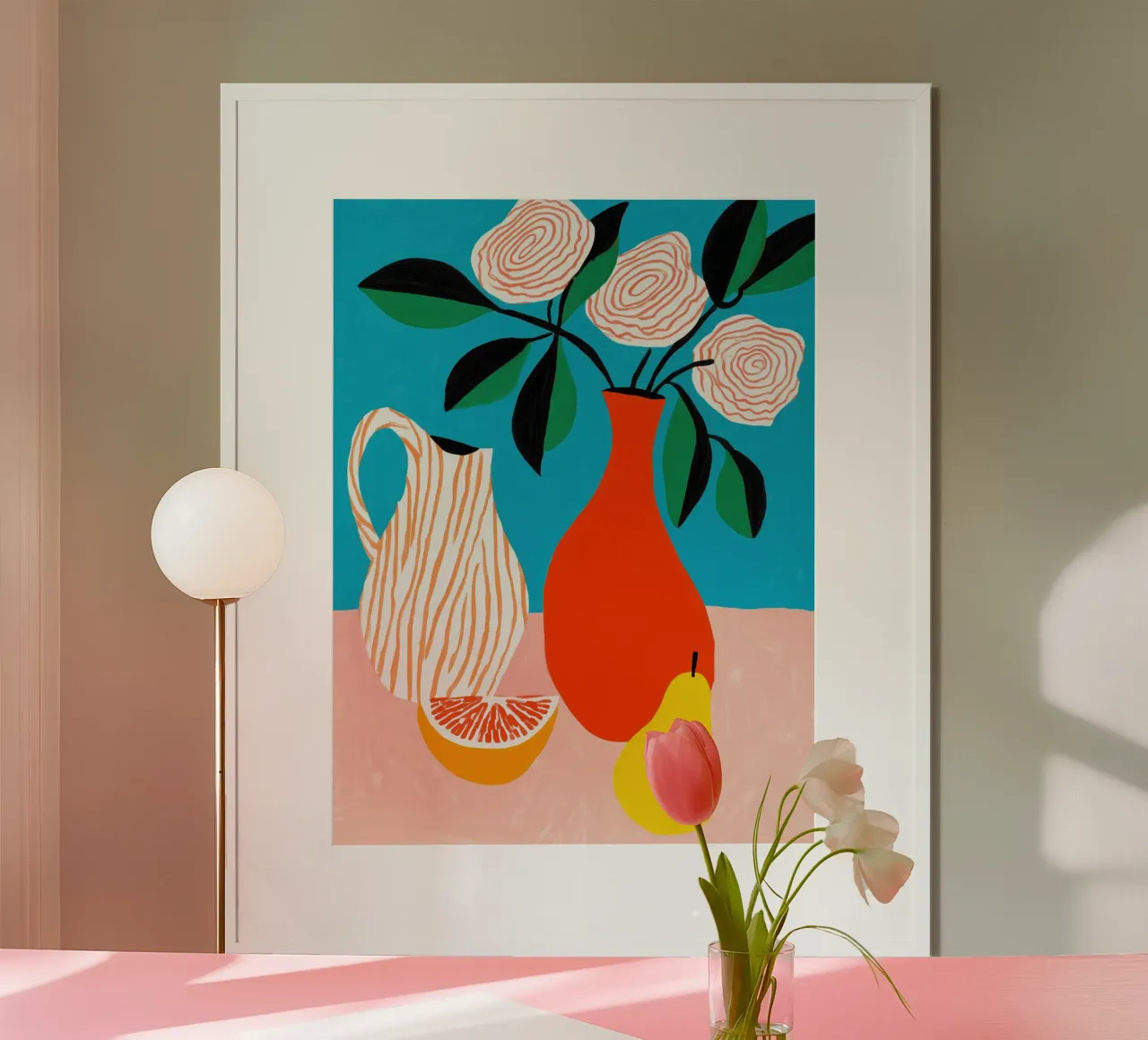 Light summery still life with red vase and fruit hahnemühle by Autofocus