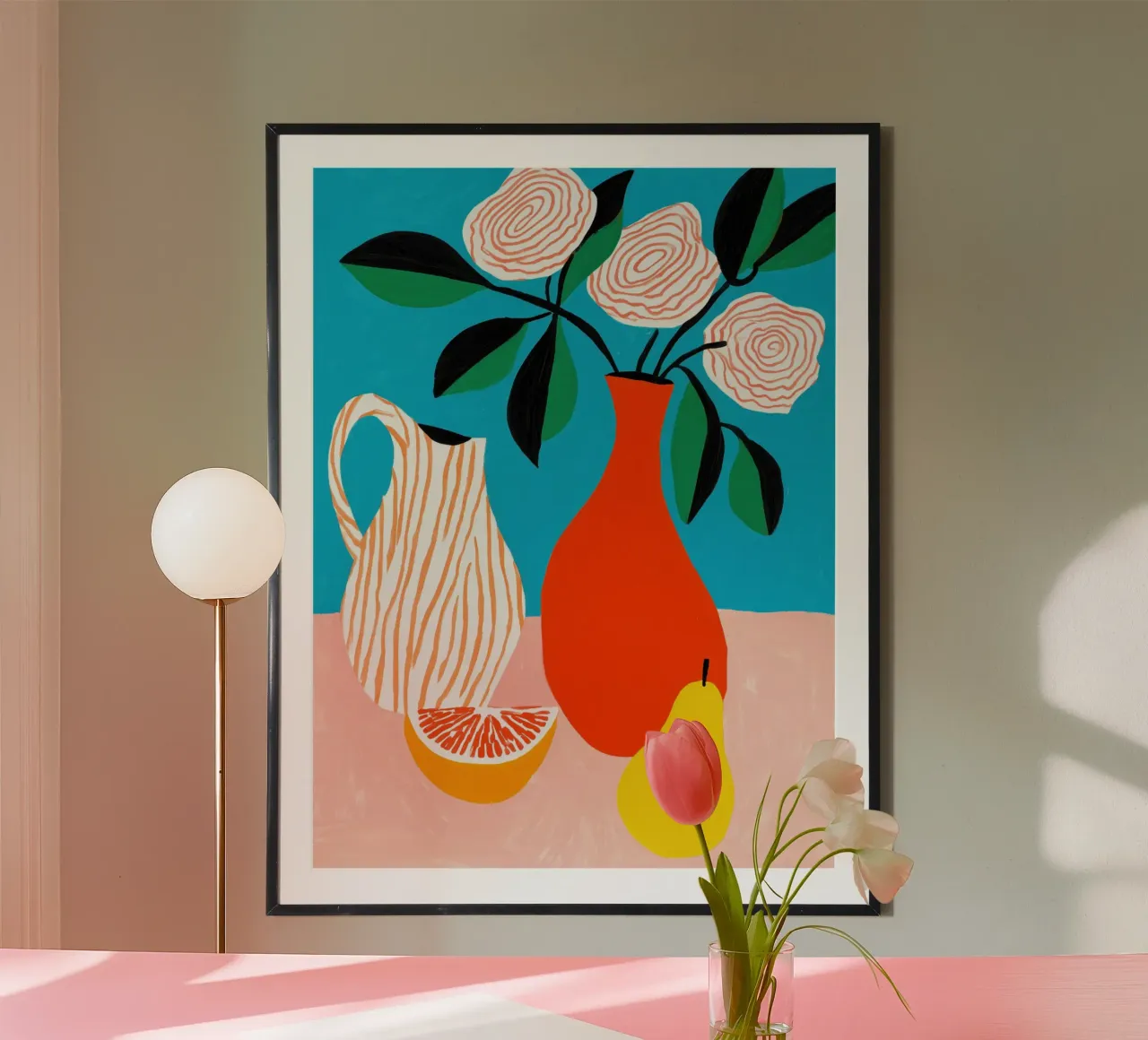 Light summery still life with red vase and fruit hahnemühle by Autofocus