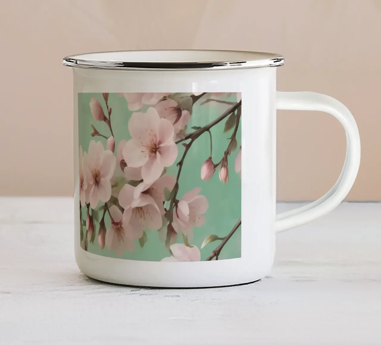 Bellissimo ramo di fiori di ciliegio con delicati fiori rosa tazza in smalto da DesignDoodle