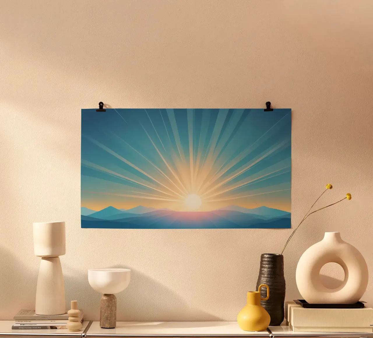 Alba vibrante su un paesaggio di montagna con raggi illuminati poster con telaio in plastica da DesignDoodle