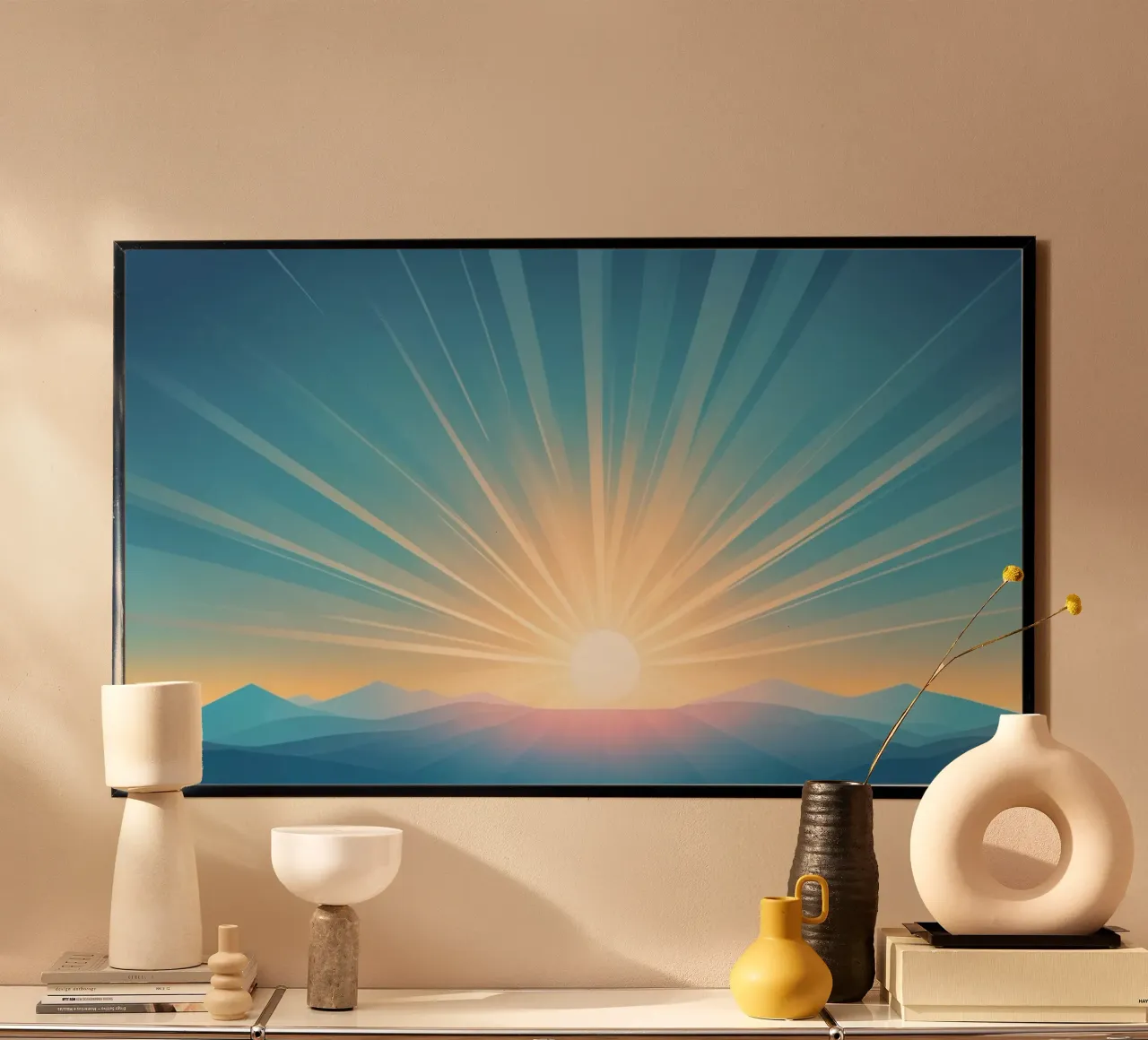Alba vibrante su un paesaggio di montagna con raggi illuminati poster con telaio in plastica da DesignDoodle