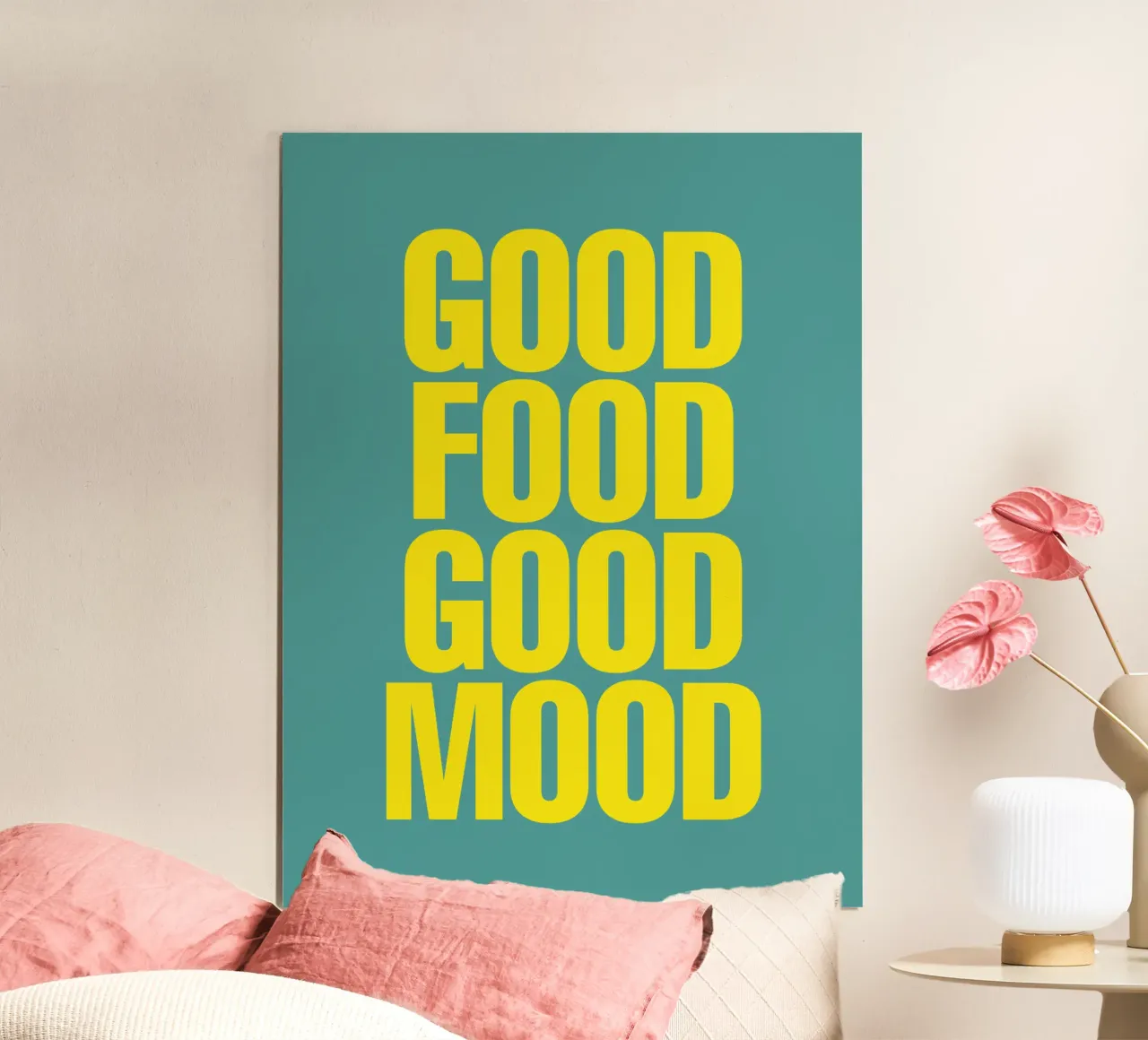 Good Food Good Mood Kitchen Wall Decor Typography Print poster with plastic frame by THE MOTIVATED TYPE