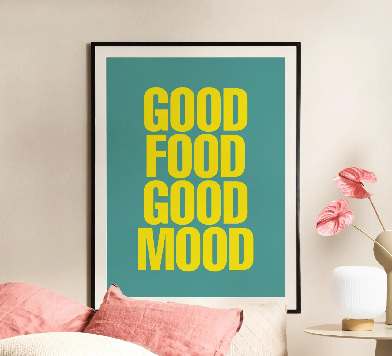 Good Food Good Mood Kitchen Wall Decor Typography Print poster with plastic frame by THE MOTIVATED TYPE