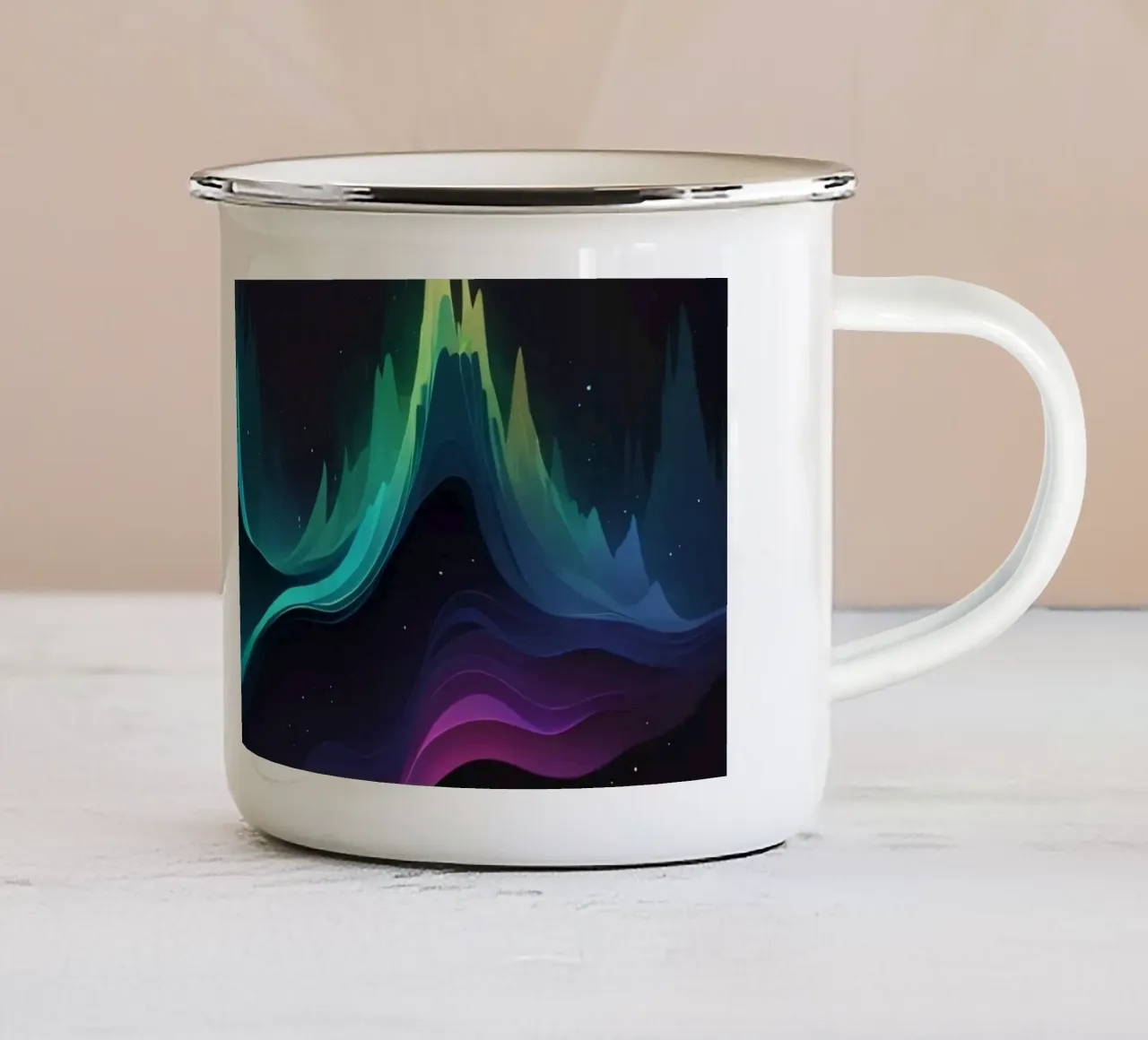 Motifs d'ondes abstraits et colorés représentant la fréquence du son mug en émail de DesignDoodle