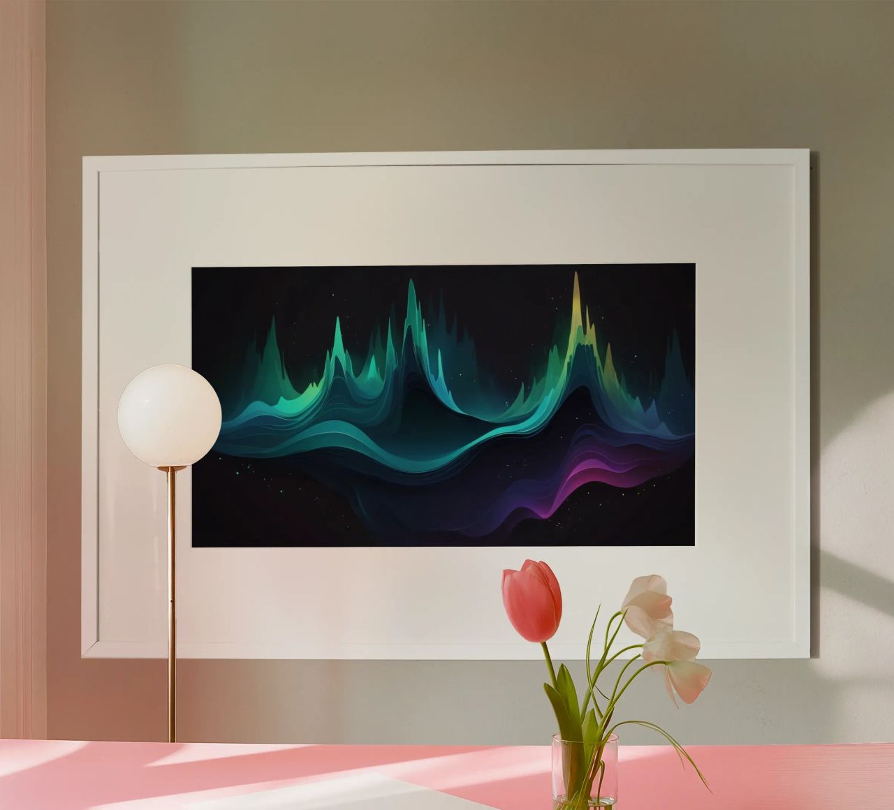 Colorful abstract wave patterns representing sound frequency hahnemühle by DesignDoodle