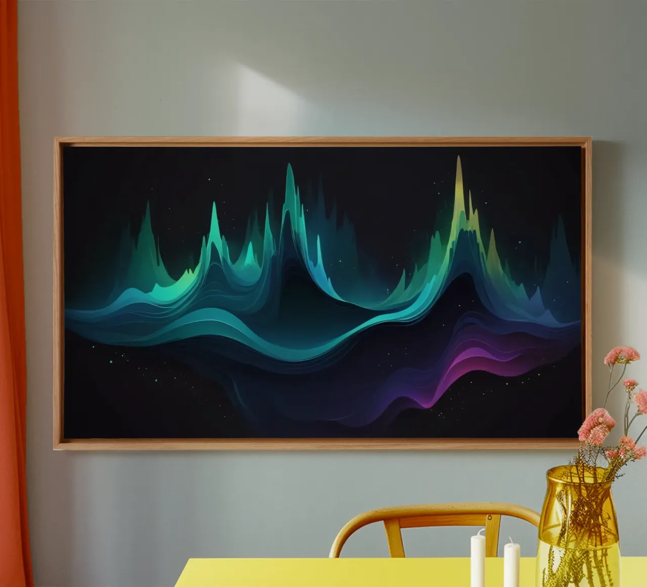 Colorful abstract wave patterns representing sound frequency canvas with Floater frame by DesignDoodle