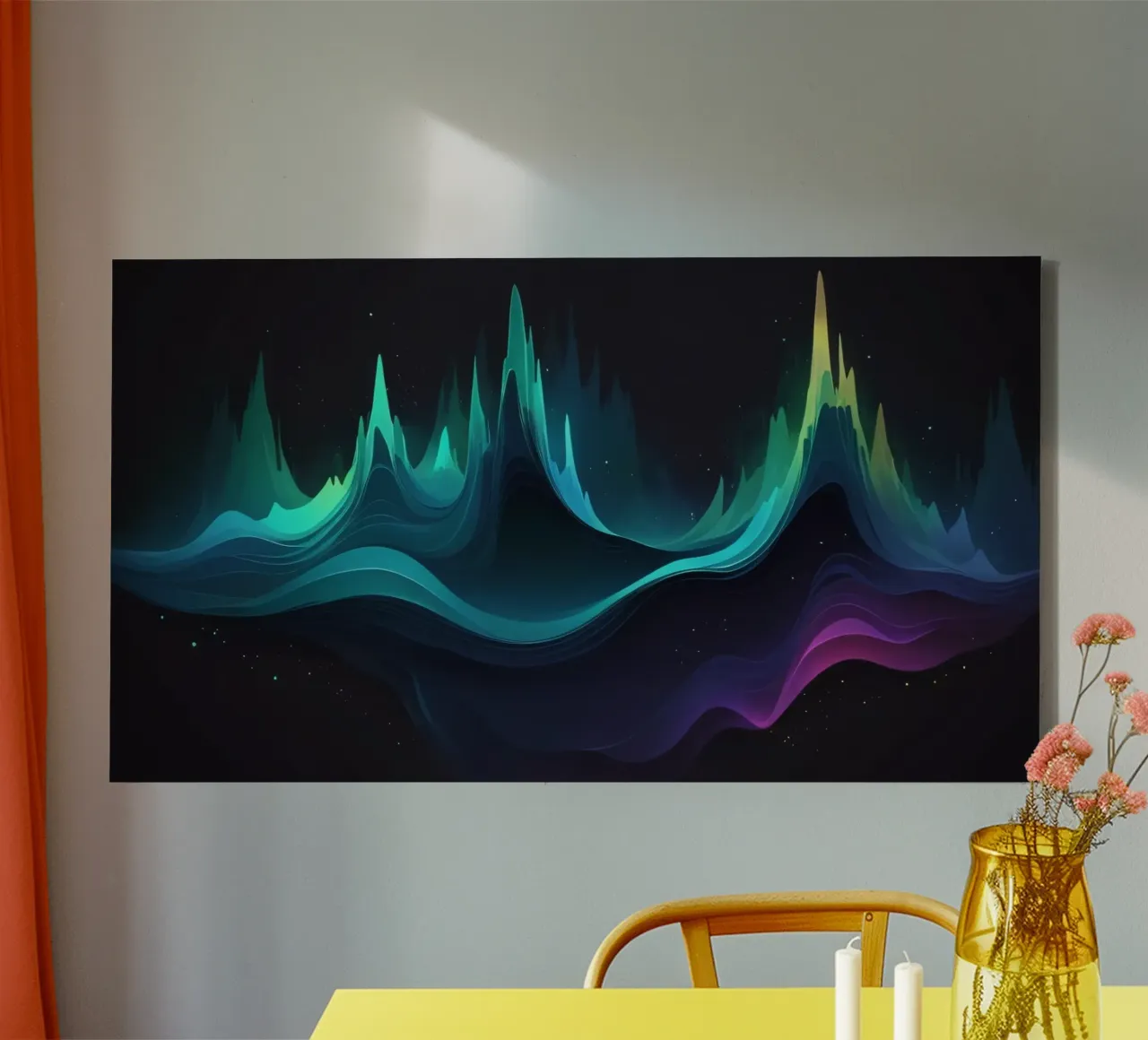 Colorful abstract wave patterns representing sound frequency canvas with Floater frame by DesignDoodle