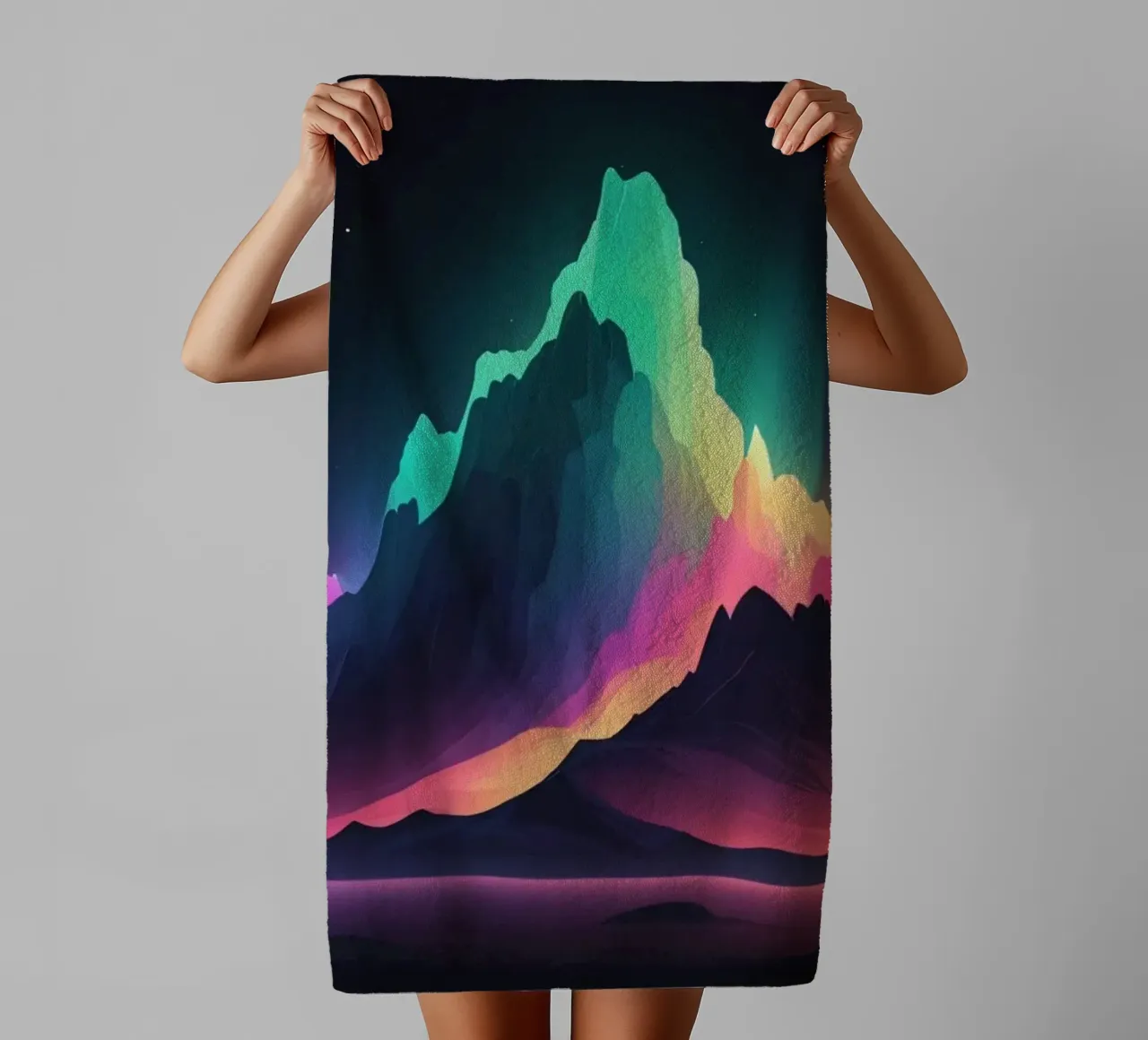Vibrant mountain landscape at twilight with colorful peaks towel by DesignDoodle