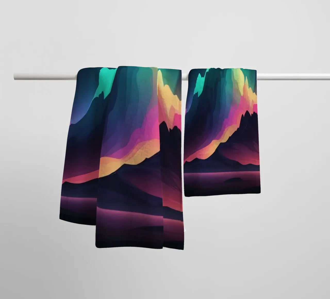 Vibrant mountain landscape at twilight with colorful peaks towel by DesignDoodle