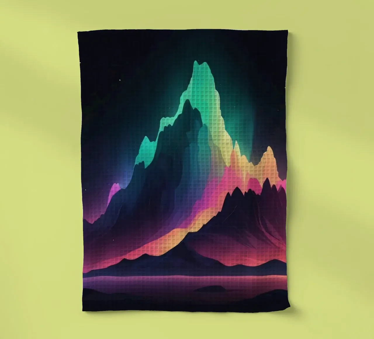 Vibrante paesaggio montano al crepuscolo con cime colorate canovaccio da cucina da DesignDoodle