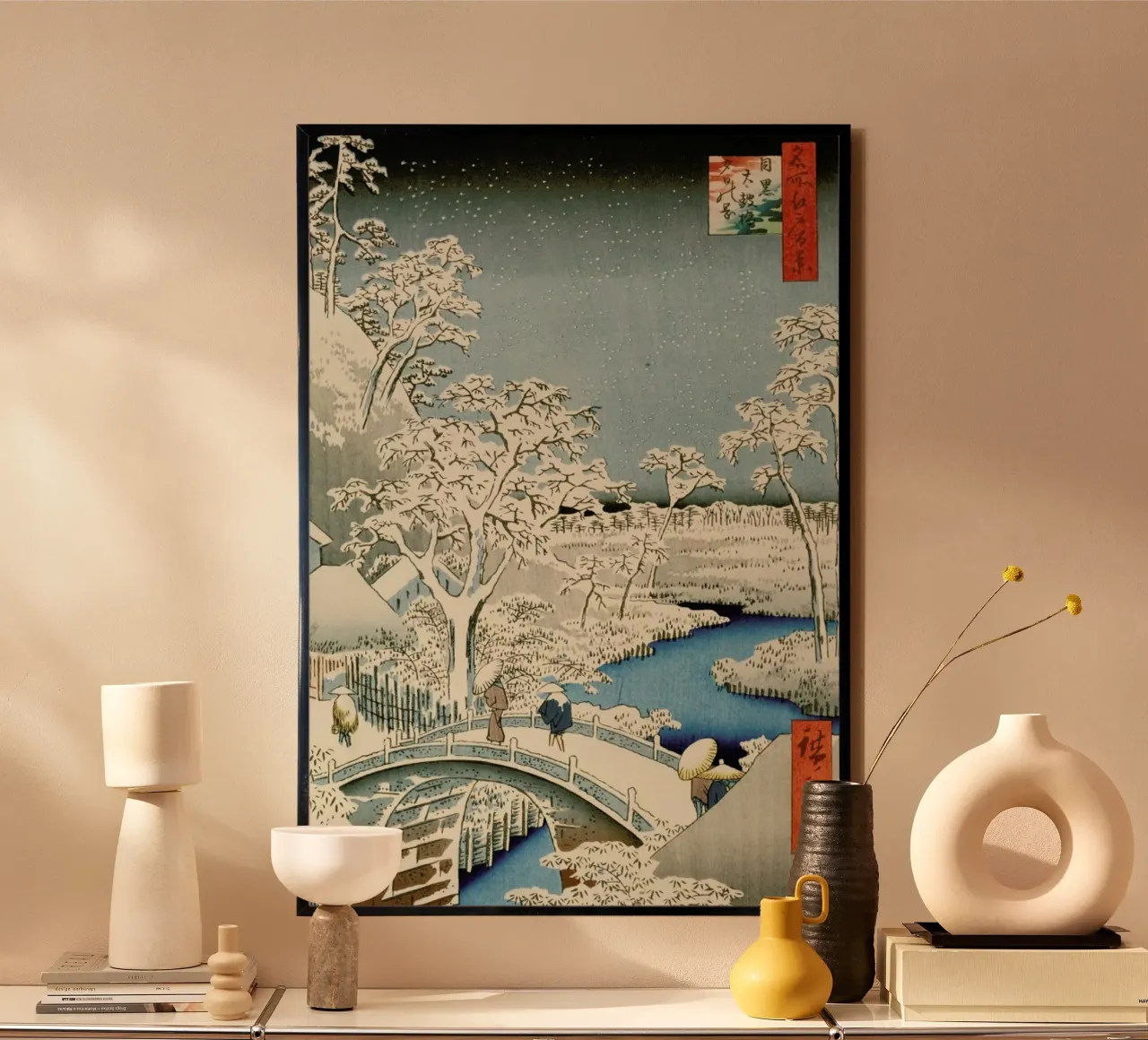 Hiroshige - Drum Bridge and 'Setting Sun' Hill, Meguro poster da ARTOTHEK
