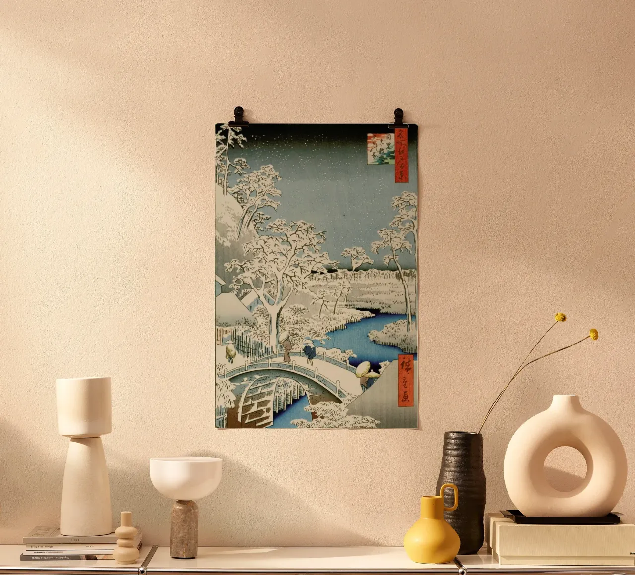 Hiroshige - Drum Bridge and 'Setting Sun' Hill, Meguro poster da ARTOTHEK