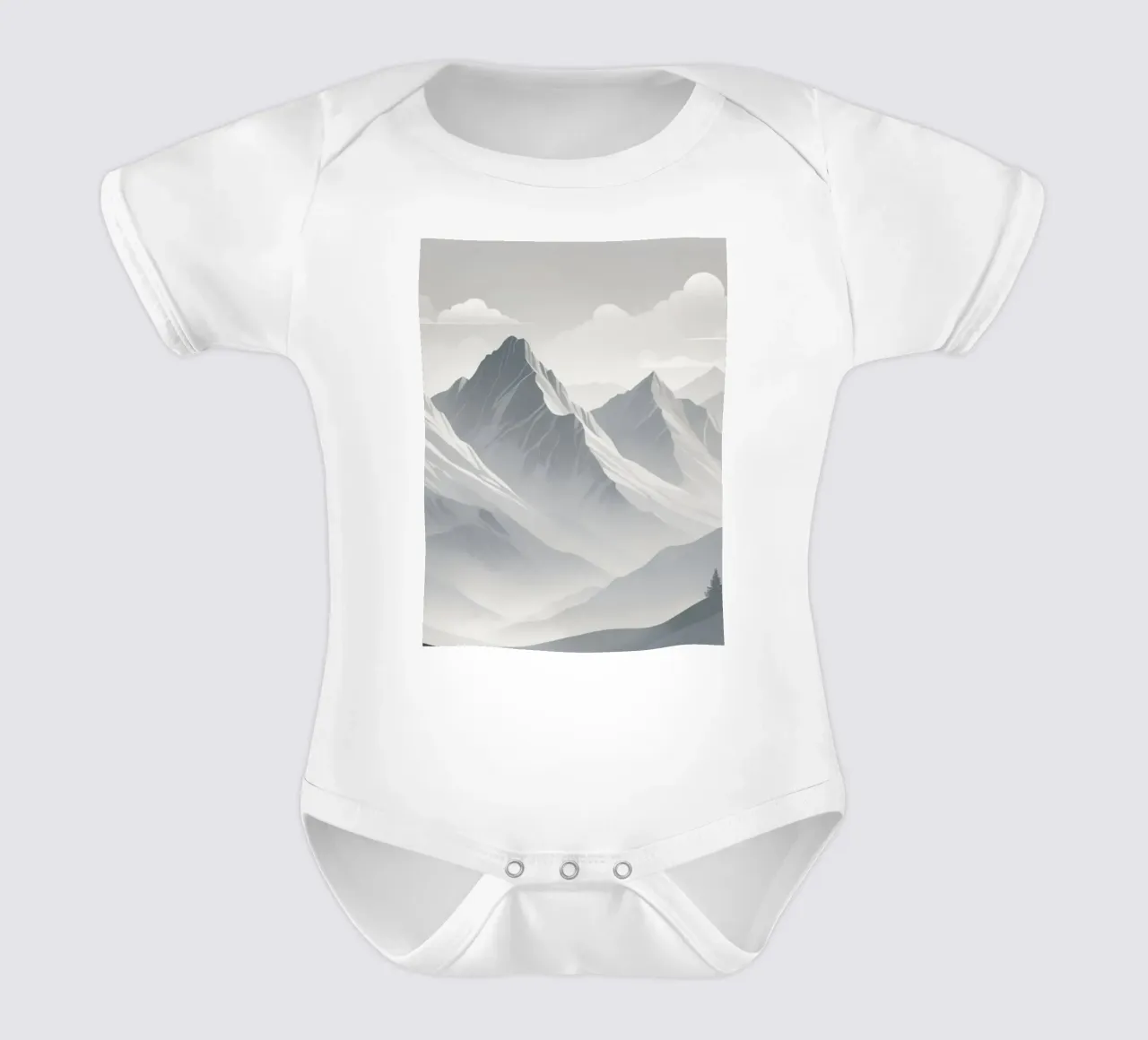 mountain range with snow-capped peaks and cloudy skies short-sleeve baby romper by DesignDoodle