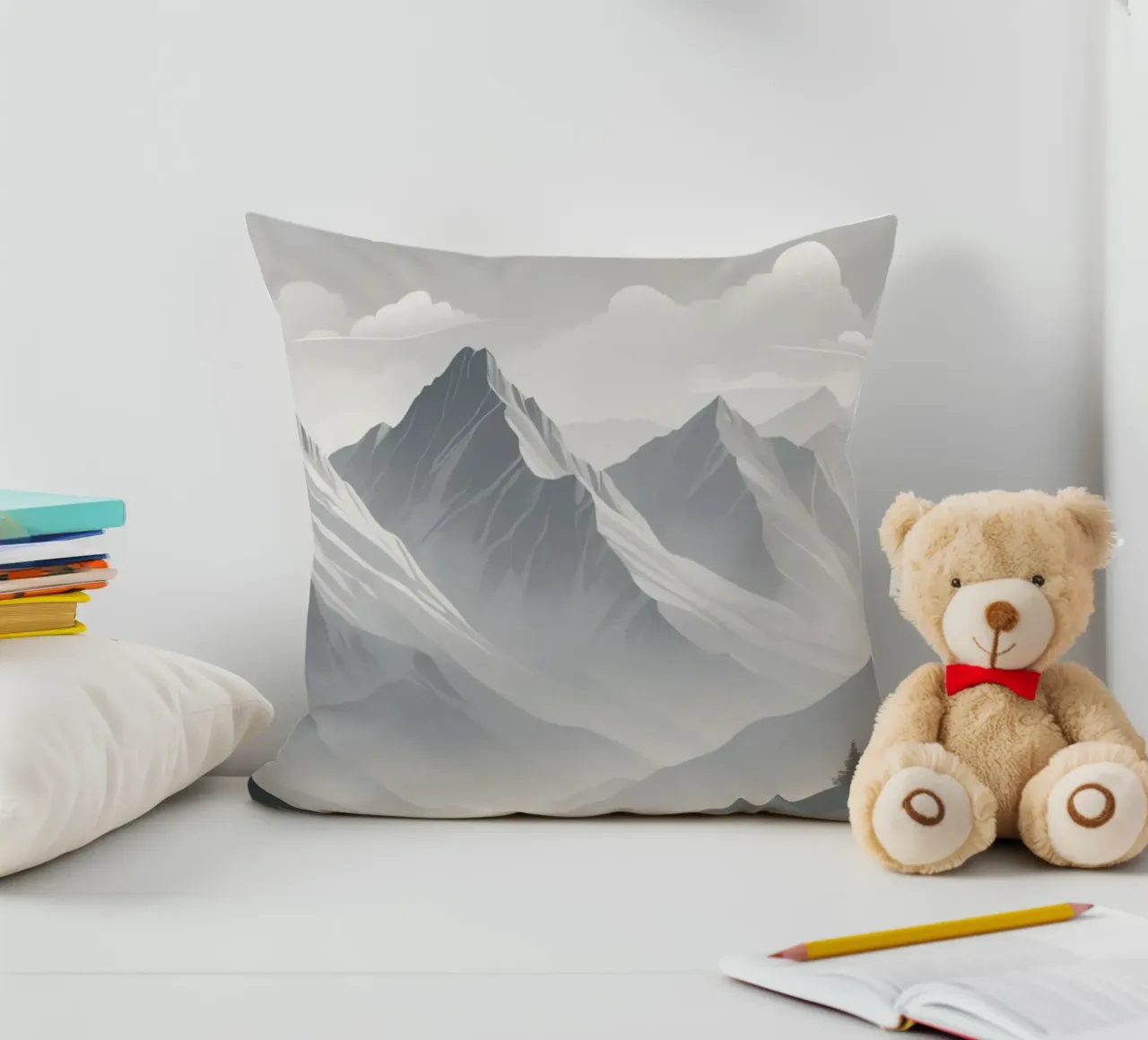 mountain range with snow-capped peaks and cloudy skies decorative cushion by DesignDoodle
