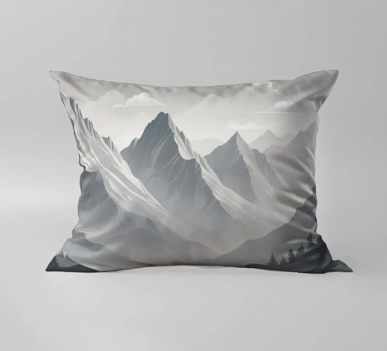 mountain range with snow-capped peaks and cloudy skies decorative cushion by DesignDoodle