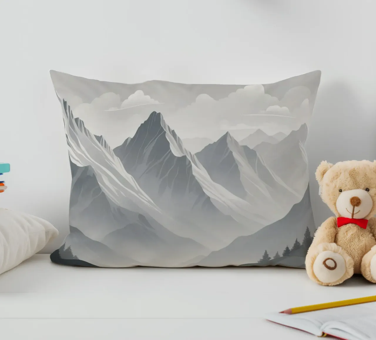 mountain range with snow-capped peaks and cloudy skies decorative cushion by DesignDoodle