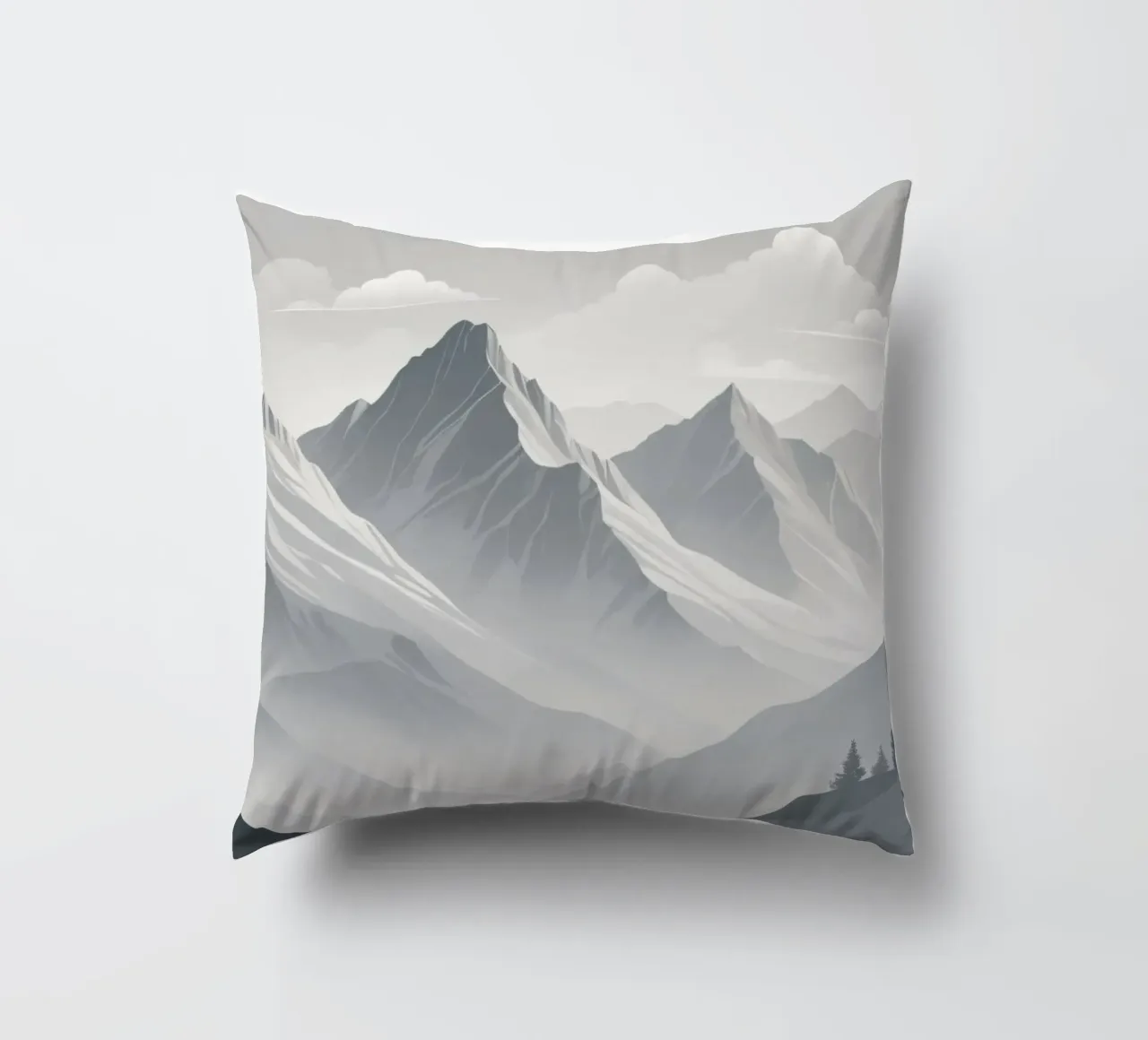 mountain range with snow-capped peaks and cloudy skies decorative cushion by DesignDoodle