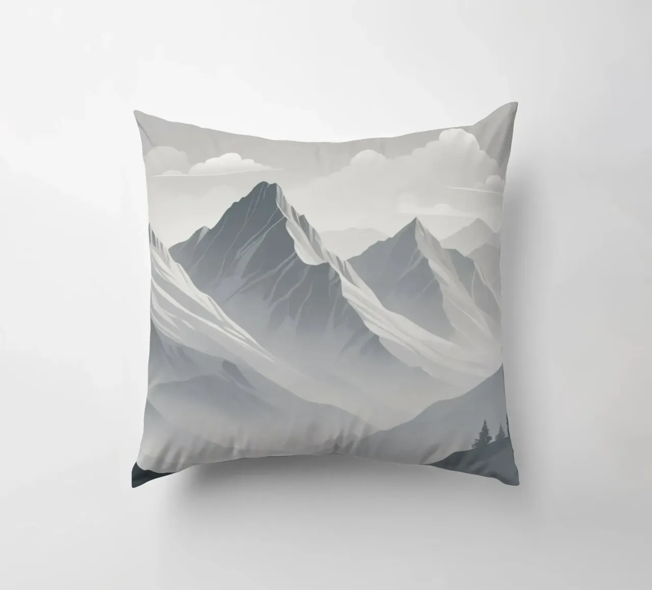 mountain range with snow-capped peaks and cloudy skies decorative cushion by DesignDoodle