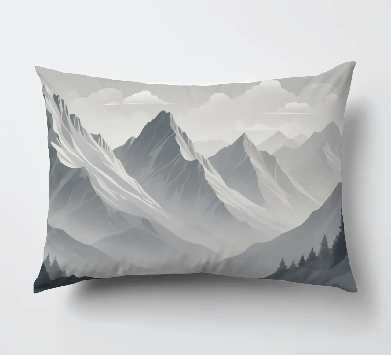 mountain range with snow-capped peaks and cloudy skies decorative cushion by DesignDoodle